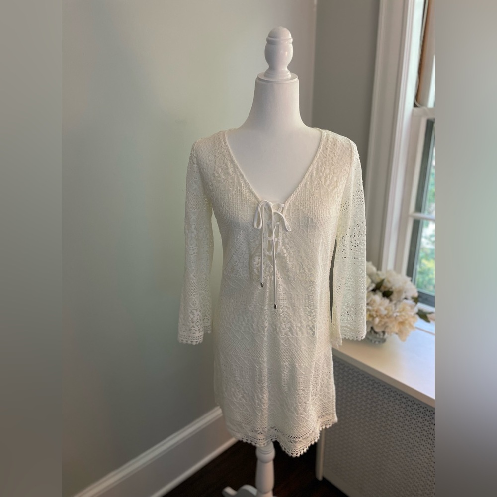 Adrianna Papella crochet ivory dress